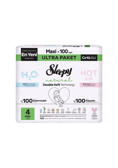 Sleepy Natural Double Soft Ultra Bebek Bezi Maxi 100 Adet Hassas Ciltler İçin 2'li Ekonomik Pak Tarı 4 Numara