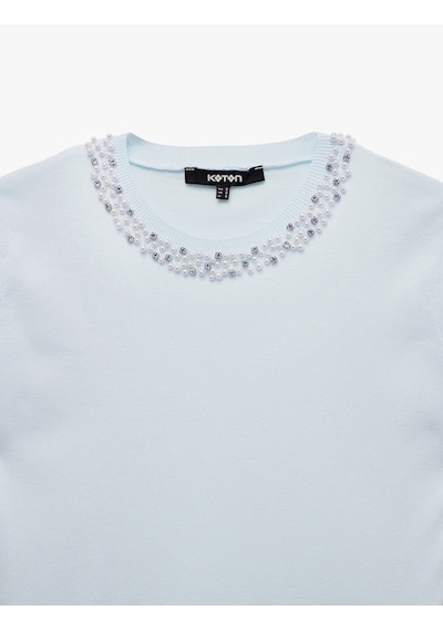Koton Regular Fit Boncuklu Bisiklet Yaka Kısa Kollu Viskon Triko Kazak Mavi 7wak90135ht