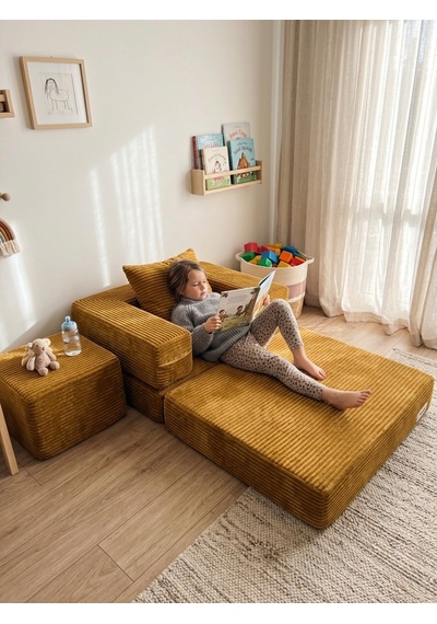 Premium Koyu Gri Fitilli Kadife Modüler Çocuk Koltuğu Ve Puf Seti - Bebek Dinlenme Koltuğu Hardal