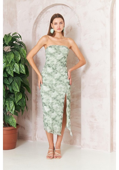 Darlin Moda Kadın Yeşil Desenli Yırtmaçlı Straplez Tül Midi Elbise Dm1047 Yeşil
