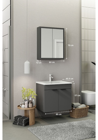 Biani Fix Loft 65 Cm Banyo Dolabı,Seramik Lavabolu, Aynalı,Lavabo Dahil,Mdf,Mat Gri Biani Fix Loft 65 Cm Banyo Dolabı,Seramik Lavabolu, Aynalı,Lavabo Dahil,Mdf,Mat Gri