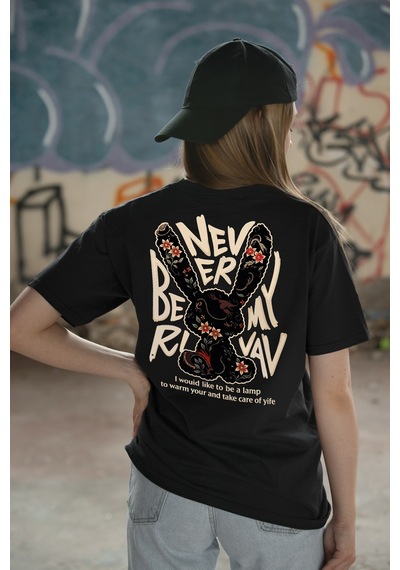 Spoyi Vintage Bunny Tasarımlı %100 Pamuk Yarım Oversize Siyah T-lhirt