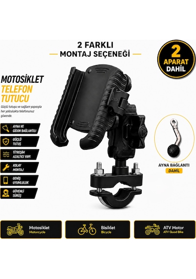 Titreşim Önleyicili Motosiklet Telefon Tutucu Ayna + Gidon Bağlantı
