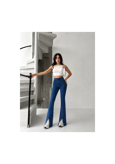 Kene Jeans Mavi Ön Bacak Pens Yırtmaçlı Esnek İspanyol Paça Pantolon Mavi