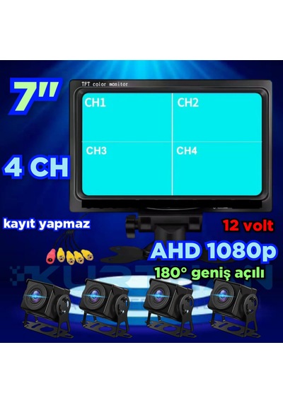 Kayıtsız 7 İnç Monitör Ve 4 Adet Ahd 180'' Açılı Kamera 12 Volt
