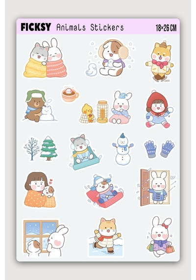 Kawaii Stili Sevimli Hayvanlar Kış Temalı Sticker Seti - 17 Adet Etiket Çıkartma Diğer