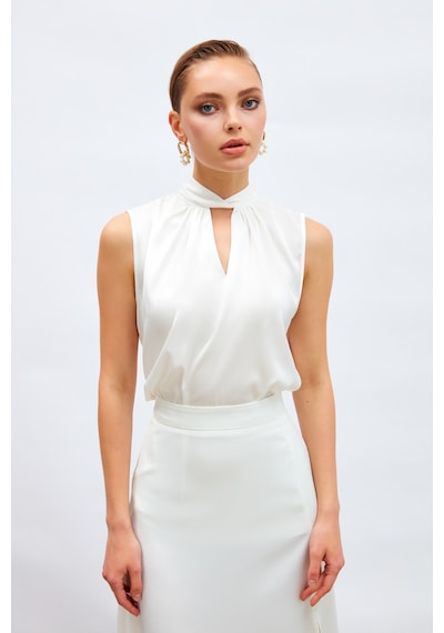 Sateen Yaka Detaylı Saten Bluz - Ekru-133184