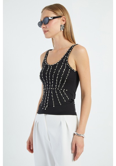Fullamoda Taş İşlemeli Kalın Askılı Slim Fit Bluz Siyah