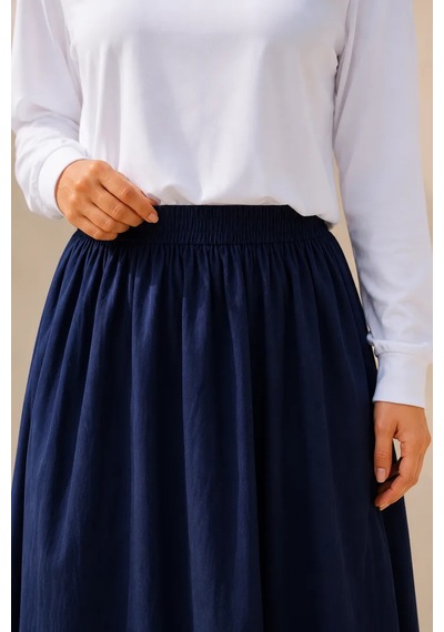 Kadın Lacivert Cepli Beli Lastikli Poplin Uzun Etek 90 Cm