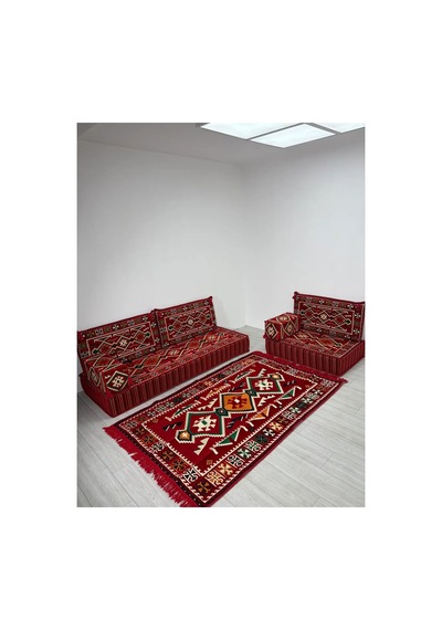 20 Cm Kalınlıklı Şark Köşesi Takımı - 70x190 + 70x95 Anadolu Kırmızı Desenli Minder Seti