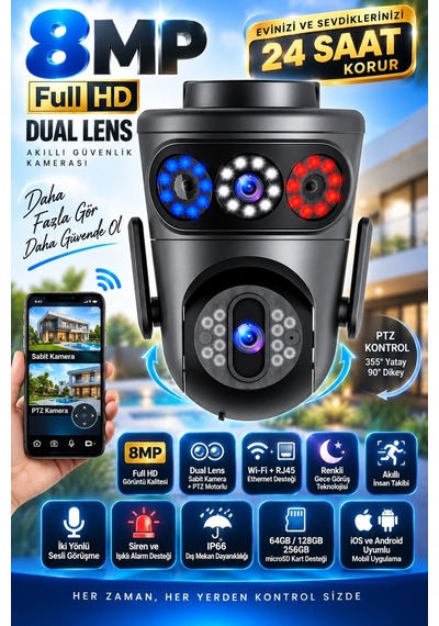 8mp Dual Lens Wifi Ptz Dış Mekan Güvenlik Kamerası Renkli Gece Görüş İnsan Takip Ip66 Rj45