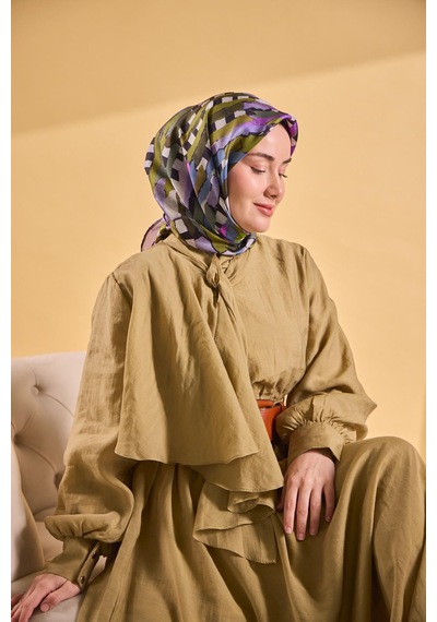 Silk Home Twill İpek Eşarp Şerit Yeşil Çok Renkli
