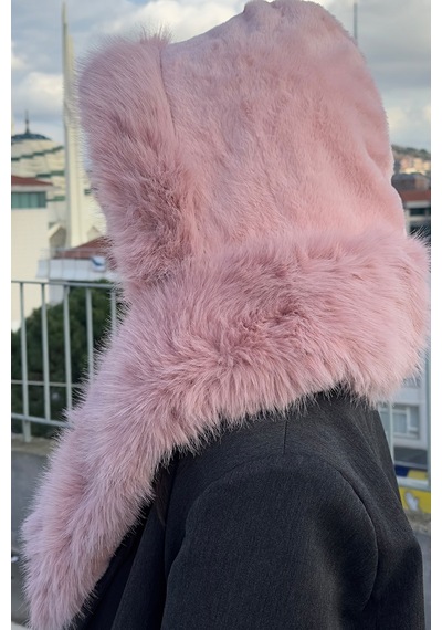 Mollycrush Kadın Pembe Suni Kürk Eşarp Atkı Şapka Kışlık Sıcak Tutan Soft Peluş Model Pembe
