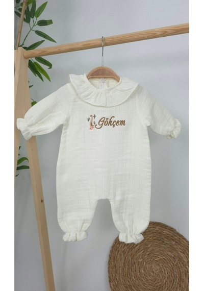 Gros Shop Müslin Yeni Doğan 4katlı Organik %100pamuk Kişiye Özgü Nakışlı Hastane Çıkış Seti Ördek Model-1 Ekru