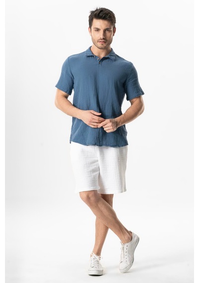 Kısa Kol Polo Yaka Müslin Yazlık Tshirt İndigo İndg Indigo