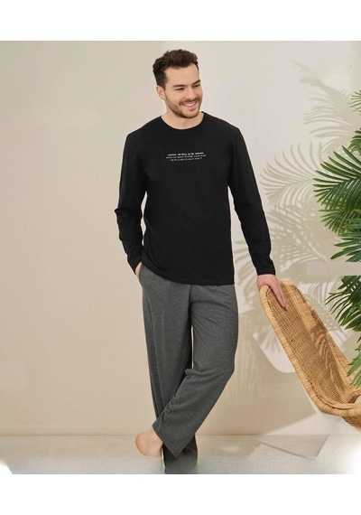 Pijamoni Erkek Pamuklu Bisiklet Yaka Uzun Kol İnce Pijama Takımı 6150/20 - 1 Adet Siyah