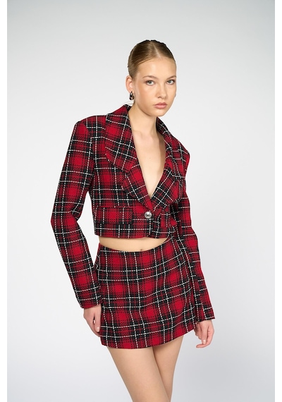 Kadın Kırmızı Ekoseli Crop Blazer Kırmızı