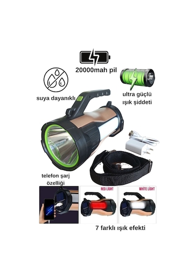Ultra Güçlü 7 Farklı Moda Sahip Güneş Enerjili Powerbank Özellikli El Feneri T96