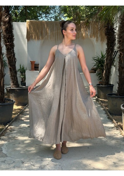 Yazlık Keten Askılı Oversize Elbise Camel