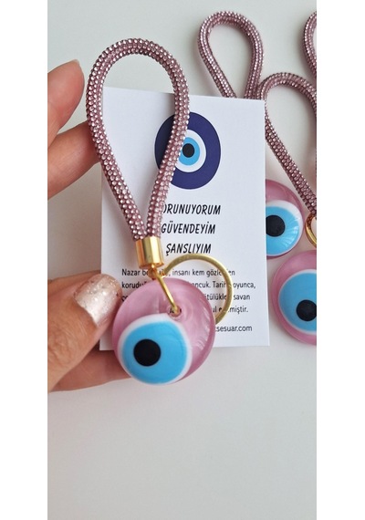 Lüks Hediyelik Orjinal Gerçek Cam Ve Zirkon Taşlı Anahtarlık - Çanta Süsü - Şeker Pembe - 12 Cm