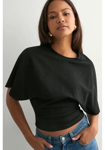 Bozzbozzcollection Yarasa Kollu Siyah Crop Tişört Kadın