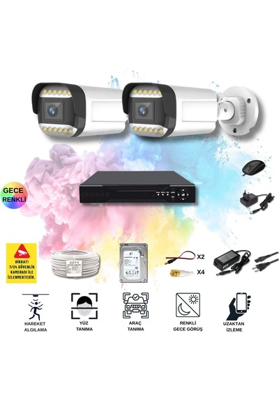 Qromax 2 Kameralı Set - Yapay Zeka Özellikli Gece Renkli Gösteren 5mp Sony Lensli 12 Warm Ledli Fullhd Güvenlik Kamerası Seti 312w-104