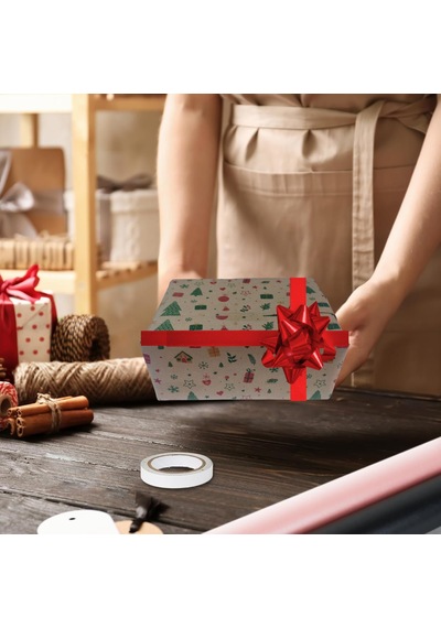 İtalyan Hediye Paketleme Kağıdı, Kraft Ev, Çam, Çiçek Desenli Amb