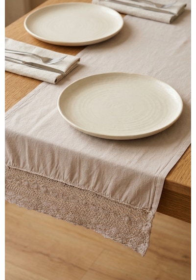 Gri Lacy Pamuklu Dantelli Runner 40x150 Cm