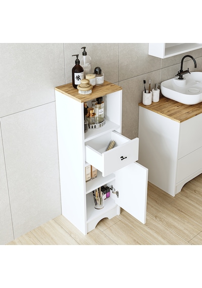 Banyo Dolabı Mdf 107 X 35 Cm Çekmeceli Banyo Boy Dolabı Mat Beyaz Atlantik Çam - Beyaz