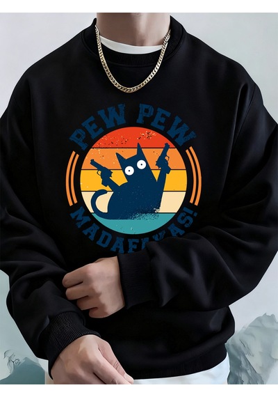 Startmore Startmoremadafakas Çift Silahlı Kedi Baskılı Erkek Kapüşonlu Üstü Sonbahar Polar Sıcak Sweatshirt Günl Siyah