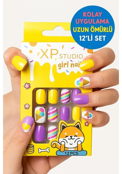 12 Li Yapışkan Stickerlı Renkli Baskılı Çocuk Takma Tırnak Oyuncak Seti - 5- 14 Yaş Arası - Model 48