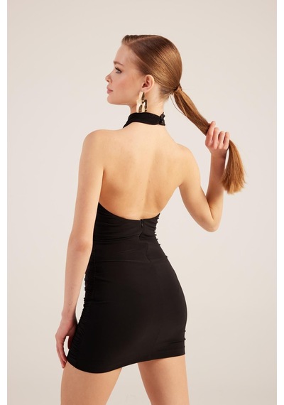 Holly Lolly Halter Yaka Büzgülü Mini Perla Elbise Siyah