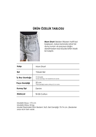 Itsbasic Kadın Gri Kot 4s6-12 Mom Fit Önden Cepli Denim Şort