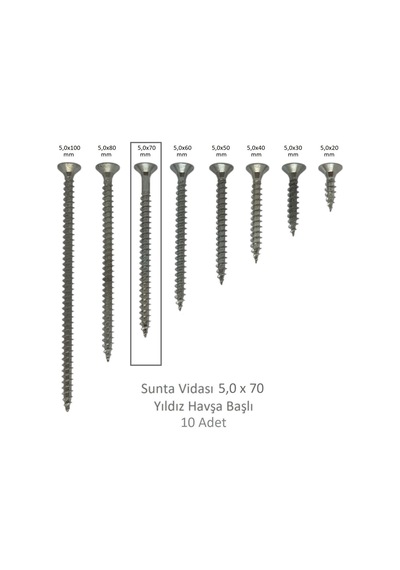 Sunta Vidası, 5,0 X 70 Mm, 10 Adet, Yhb Vida 5 x 70