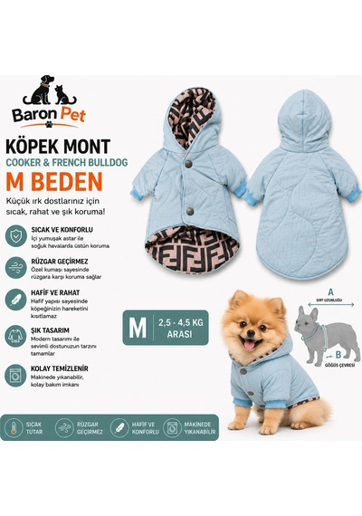 Köpek Montu M Beden 2,5-4,5 Kg Kapüşonlu Kapitone Rüzgar Geçirmez - Bebek Mavisi