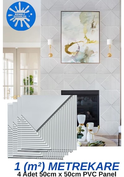 1m² 50cmx50cm 4 Adet Beyaz 3d Abs Pvc Çizgili Desenli Dayanıklı Duvar Paneli Silinebilir
