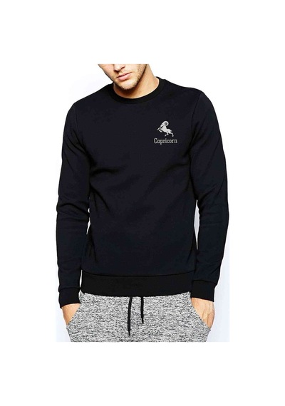 Koç Burcu Baskılı Siyah Erkek Örme Sweatshirt