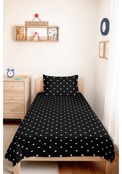Siyah Puantiyeli Minimal Tek Kişilik Pike Takımı-beyaz Geometrik 160x220 Cm Kapitone Yatak Örtüsü Mavi