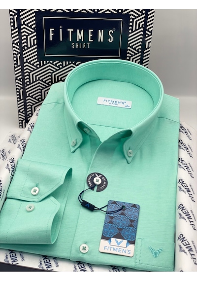 Klasik Uzun Kol Pamuklu Yaka Düğmeli Hediye Kutulu Kolay Ütülenebilir Erkek Gömlek Fs-003897 - Koyu Mint-3371