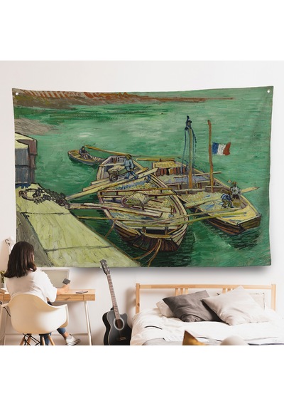 Vincent Van Gogh - Kum Mavnalarını Boşaltan Adamlarla Rıhtım Duvar Örtüsü-7185