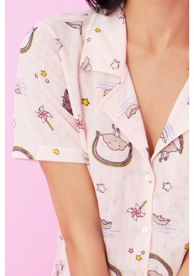 Siyah İnci Pointel Ajurlu/delikli Gömlek Yaka Örme Düğmeli Pijama Takım Somon Unicorn