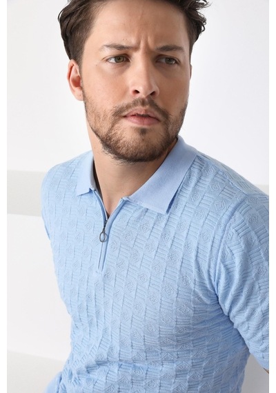 Ferraro Mavi Polo Yaka Fermuarlı Erkek Pamuk Triko T-Shirt-Mavi (429067812) Mavi