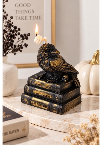 Gotik Kuzgun Tasarım Mum - Kitap Kurukafa Kaideli Siyah Gold Halloween Obje Altın - Siyah