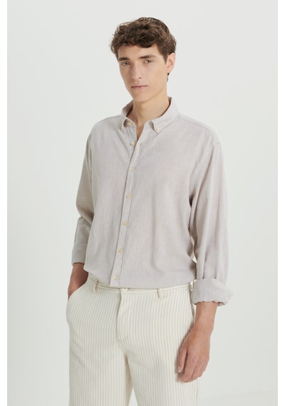 AC&Co / Altınyıldız Classics  Erkek Bej Comfort Fit Rahat Kesim Düğmeli Yaka Keten Gömlek Bej