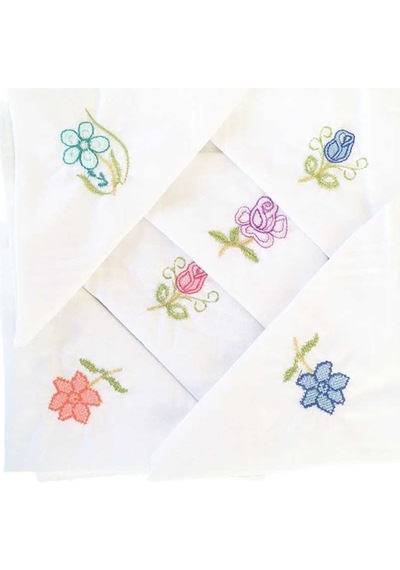 Hediyelik İşlemeli Bayan Mendili 6 Lı Paket 28x28 Cm 100 Pamuk Beyaz