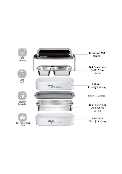 Valkyrie 1350 Ml Termal Yemek Kabı Seti Çelik Bölmeli Sızdırmaz Lunch Box + Isı Yalıtımlı Çanta Beyaz - Gri