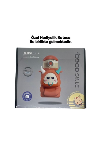 Cocosmile 470ml Sevimli Ses Çıkaran Kılıflı Pipetli Askılı Çelik Termos Çocuk Matarası Çok Renkli
