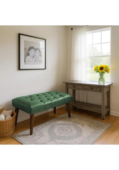 Waterybrook Bench Bank Puf - Suni Deri - Ceviz Ahşap Ayaklı - Retro Modern Tasarım & Dekoratif Sehpa Yeşil