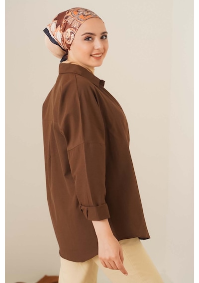Bigdart 103901 Oversize Basic Tesettür Gömlek - Kahverengi 001
