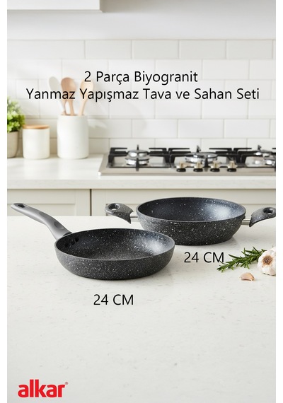 2 Parça 24 Cm Bio Granit Sahan Ve Tava Seti Yanmaz Yapışmaz, Sağlıklı Ve Dayanıklı Kullanım Gri